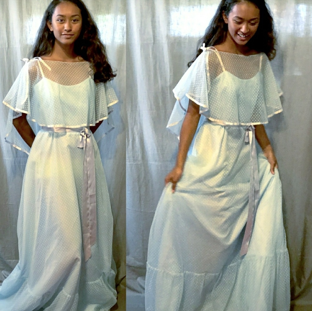 70s Blue Mini Polka Dot Gown